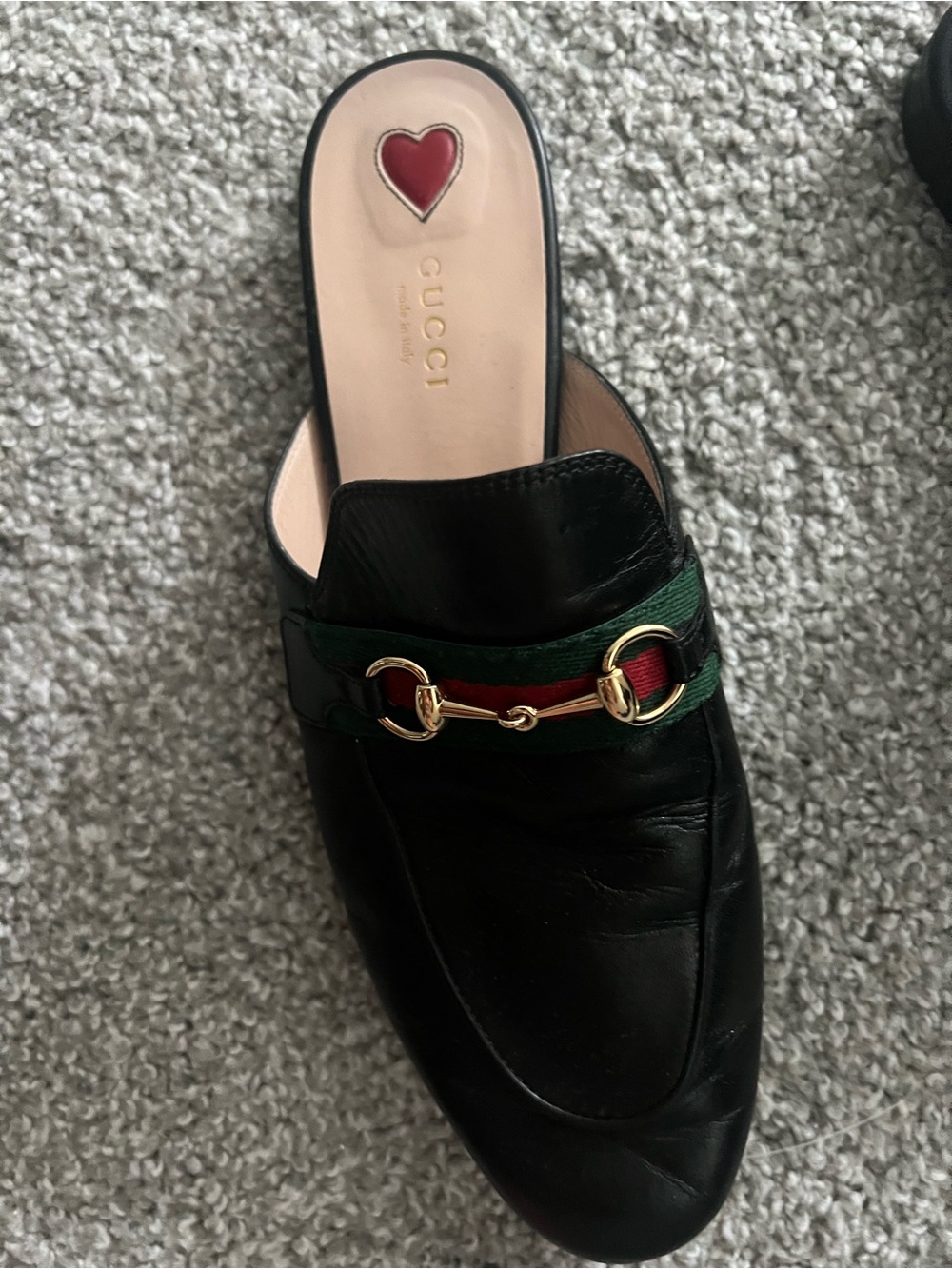 Gucci Black Leather Horsebit Slide Mule with Green-Red Web